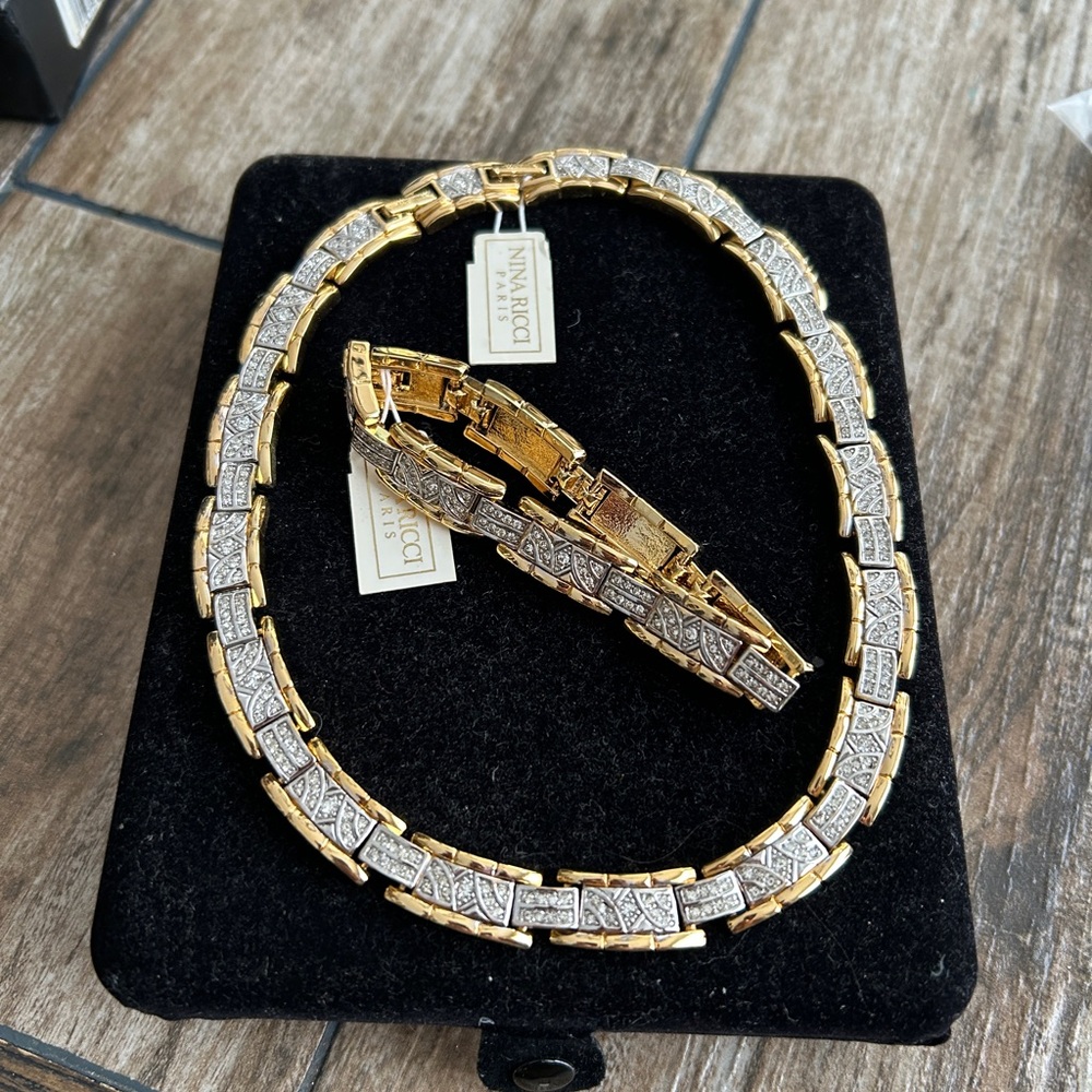 NWT VTG Nina Ricci Gold Plate & Crystal Choker Necklace & Bracelet